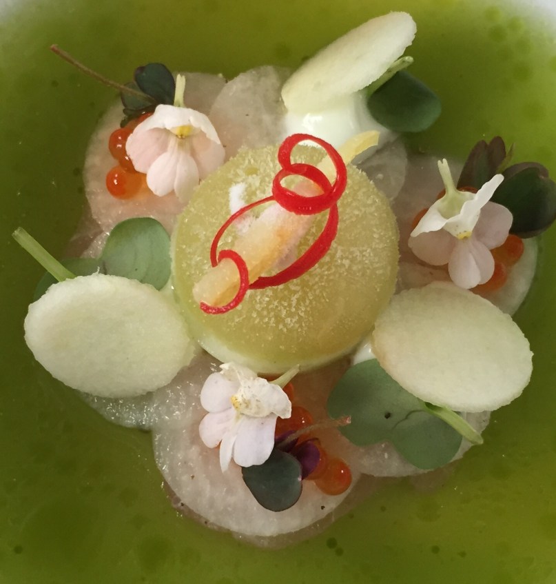 Voorgerecht 1B: appel, rettich, zalmeitjes, basilicum bouillon.